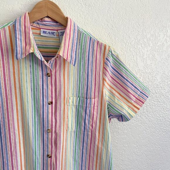 Blair Women's Retro Rainbow Stripe Cotton Button Down Short‎ Sleeve Collared Top - Picture 2 of 5